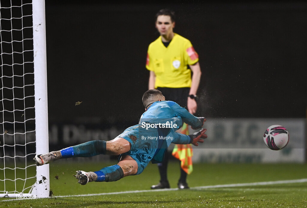 12 March 2021; Dundalk goalkeeper Alessio Abibi saves the winning penalty during the FAI President's Cup Final match between Shamrock Rovers and Dundalk at Tallaght Stadium in Dublin. Photo by Harry Murphy/Sportsfile