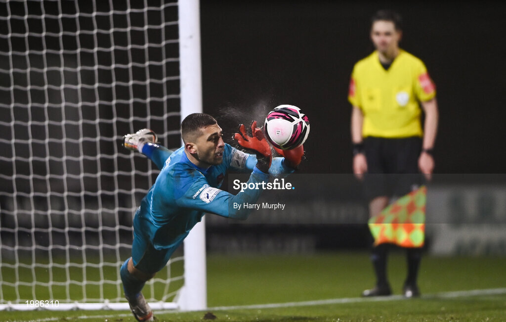 12 March 2021; Dundalk goalkeeper Alessio Abibi saves a penalty during the FAI President's Cup Final match between Shamrock Rovers and Dundalk at Tallaght Stadium in Dublin. Photo by Harry Murphy/Sportsfile