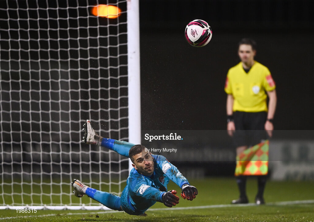 12 March 2021; Dundalk goalkeeper Alessio Abibi saves a penalty during the FAI President's Cup Final match between Shamrock Rovers and Dundalk at Tallaght Stadium in Dublin. Photo by Harry Murphy/Sportsfile