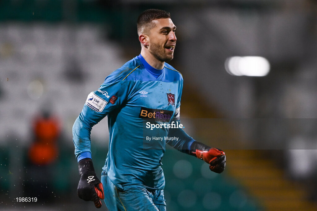 12 March 2021; Dundalk goalkeeper Alessio Abibi celebrates saving the winning penalty during the FAI President's Cup Final match between Shamrock Rovers and Dundalk at Tallaght Stadium in Dublin. Photo by Harry Murphy/Sportsfile