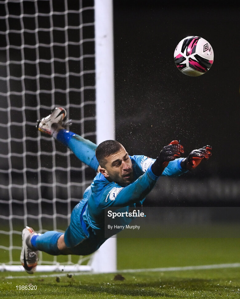 12 March 2021; Dundalk goalkeeper Alessio Abibi makes a save during the FAI President's Cup Final match between Shamrock Rovers and Dundalk at Tallaght Stadium in Dublin. Photo by Harry Murphy/Sportsfile