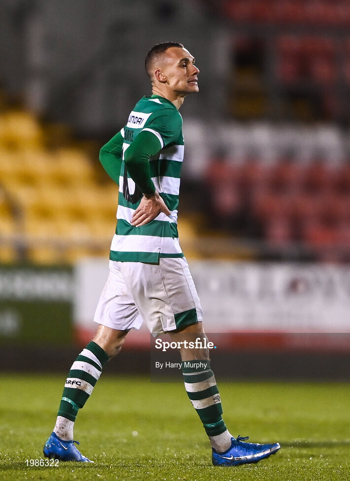 12 March 2021; Graham Burke of Shamrock Rovers reacts to missing a penalty during the FAI President's Cup Final match between Shamrock Rovers and Dundalk at Tallaght Stadium in Dublin. Photo by Harry Murphy/Sportsfile