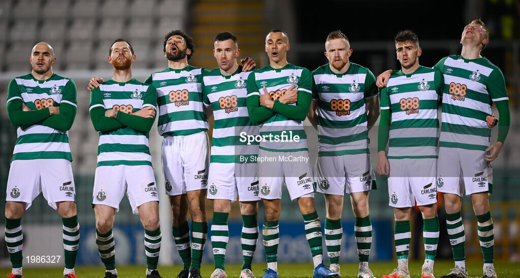 12 March 2021; Shamrock Rovers players react during the penalty shoot-out of the FAI President's Cup Final match between Shamrock Rovers and Dundalk at Tallaght Stadium in Dublin. Photo by Stephen McCarthy/Sportsfile