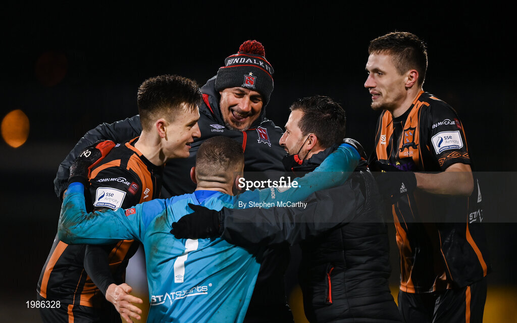 12 March 2021; Dundalk goalkeeper Alessio Abibi celebrates with Dundalk coaches Filippo Giovagnoli, centre, Giuseppi Rossi and team-mates Darragh Leahy, left, and Raivis Jurkovskis following the FAI President's Cup Final match between Shamrock Rovers and Dundalk at Tallaght Stadium in Dublin. Photo by Stephen McCarthy/Sportsfile