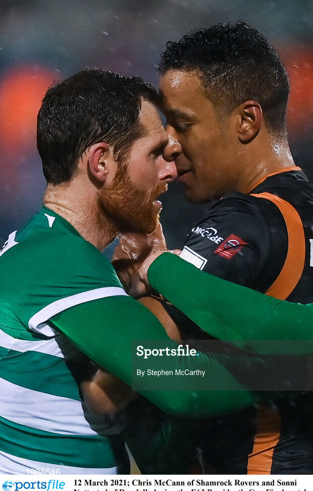 12 March 2021; Chris McCann of Shamrock Rovers and Sonni Nattestad of Dundalk during the FAI President's Cup Final match between Shamrock Rovers and Dundalk at Tallaght Stadium in Dublin. Photo by Stephen McCarthy/Sportsfile