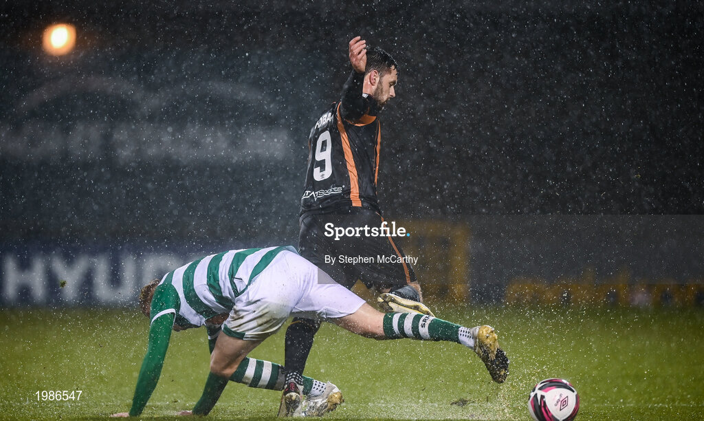 12 March 2021; Patrick Hoban of Dundalk and Liam Scales of Shamrock Rovers during the FAI President's Cup Final match between Shamrock Rovers and Dundalk at Tallaght Stadium in Dublin. Photo by Stephen McCarthy/Sportsfile