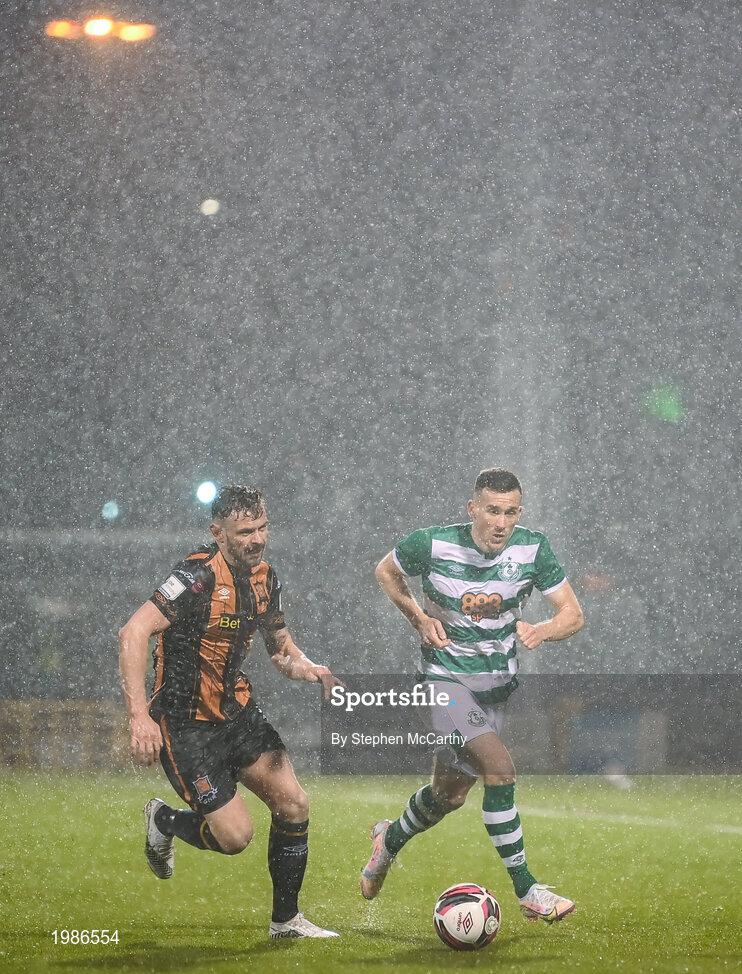 12 March 2021; Aaron Greene of Shamrock Rovers in action against Andy Boyle of Dundalk during the FAI President's Cup Final match between Shamrock Rovers and Dundalk at Tallaght Stadium in Dublin. Photo by Stephen McCarthy/Sportsfile