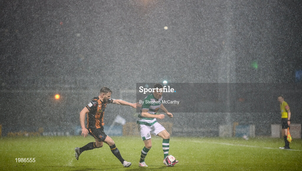 12 March 2021; Aaron Greene of Shamrock Rovers in action against Andy Boyle of Dundalk during the FAI President's Cup Final match between Shamrock Rovers and Dundalk at Tallaght Stadium in Dublin. Photo by Stephen McCarthy/Sportsfile
