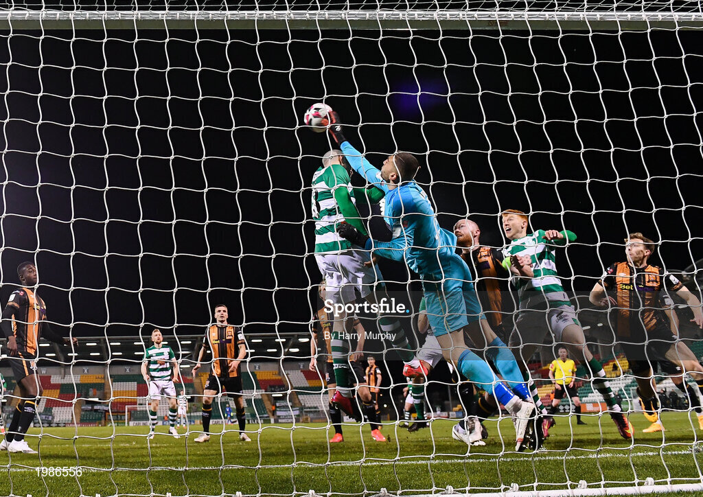 12 March 2021; Dundalk goalkeeper Alessio Abibi clears the ball from Joey O'Brien of Shamrock Rovers during the FAI President's Cup Final match between Shamrock Rovers and Dundalk at Tallaght Stadium in Dublin. Photo by Harry Murphy/Sportsfile