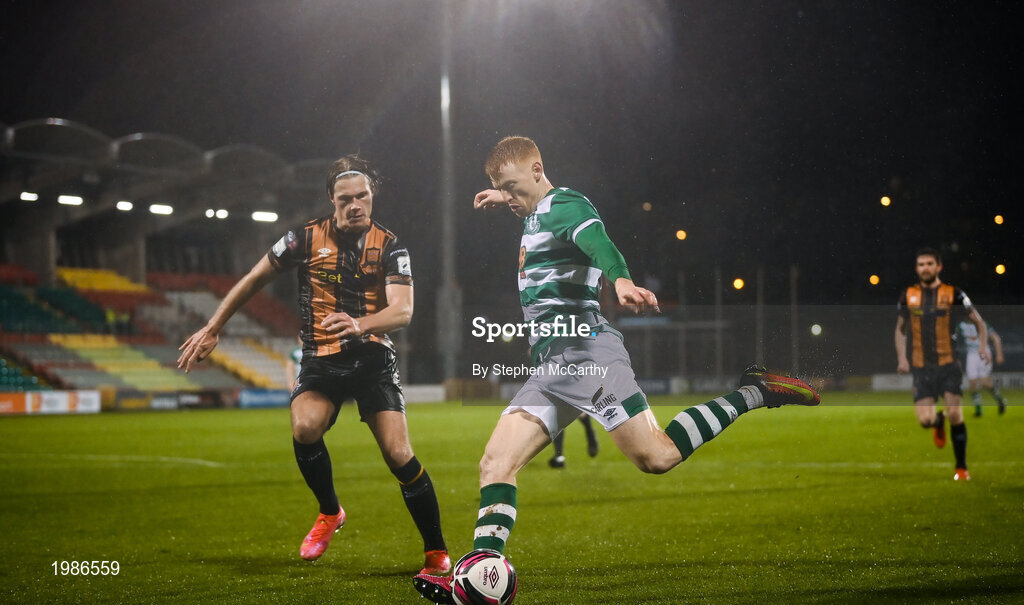 12 March 2021; Rory Gaffney of Shamrock Rovers and Daniel Cleary of Dundalk during the FAI President's Cup Final match between Shamrock Rovers and Dundalk at Tallaght Stadium in Dublin. Photo by Stephen McCarthy/Sportsfile
