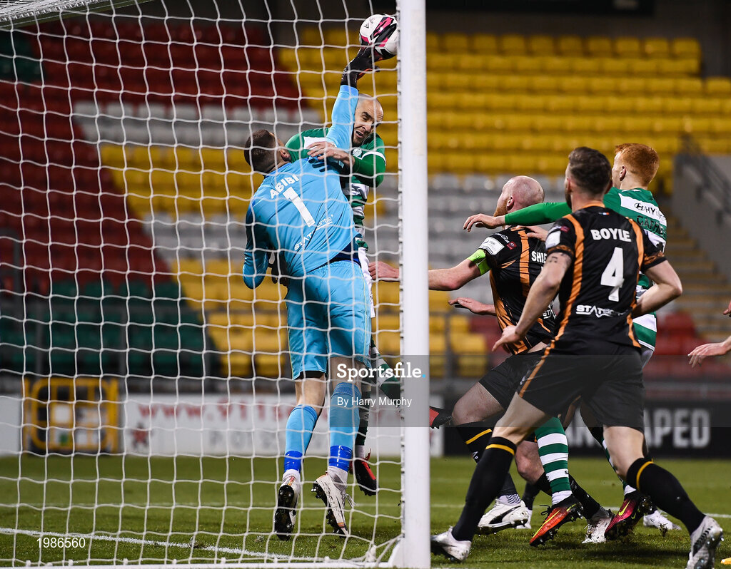 12 March 2021; Dundalk goalkeeper Alessio Abibi clears the ball from Joey O'Brien of Shamrock Rovers during the FAI President's Cup Final match between Shamrock Rovers and Dundalk at Tallaght Stadium in Dublin. Photo by Harry Murphy/Sportsfile