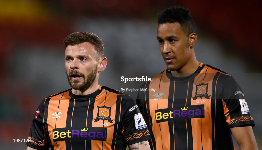 12 March 2021; Andy Boyle, left, and Sonni Nattestad of Dundalk during the FAI President's Cup Final match between Shamrock Rovers and Dundalk at Tallaght Stadium in Dublin. Photo by Stephen McCarthy/Sportsfile