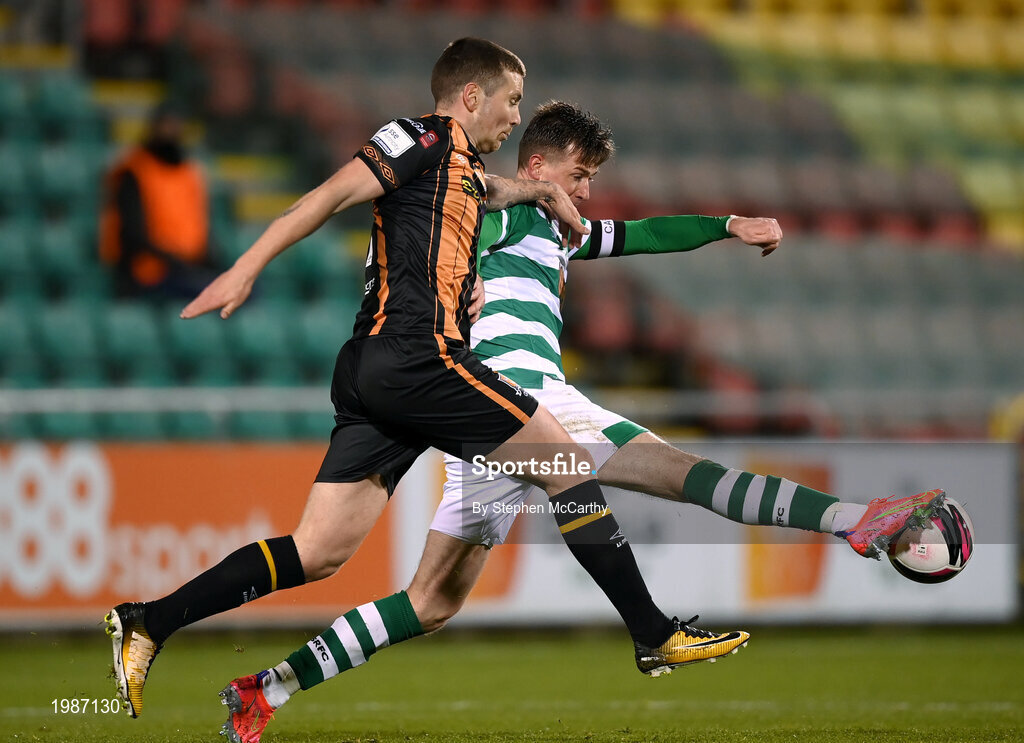 12 March 2021; Ronan Finn of Shamrock Rovers in action against Patrick McEleney of Dundalk during the FAI President's Cup Final match between Shamrock Rovers and Dundalk at Tallaght Stadium in Dublin. Photo by Stephen McCarthy/Sportsfile