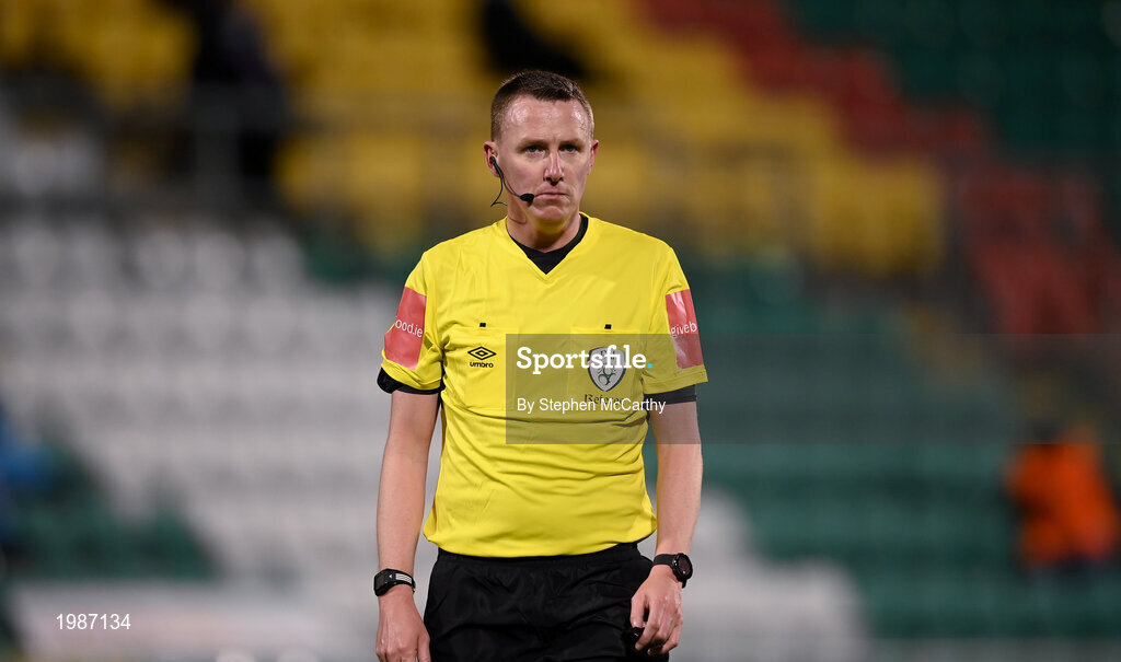 12 March 2021; Referee Damien MacGraith during the FAI President's Cup Final match between Shamrock Rovers and Dundalk at Tallaght Stadium in Dublin. Photo by Stephen McCarthy/Sportsfile