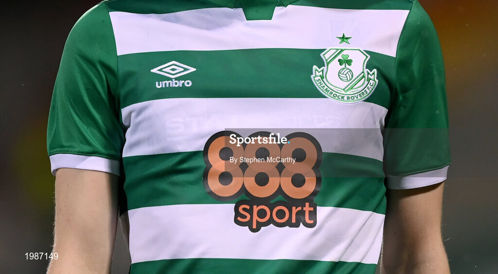 12 March 2021; A detailed view of the Shamrock Rovers jersey featuring the club's main sponsor 888sport during the FAI President's Cup Final match between Shamrock Rovers and Dundalk at Tallaght Stadium in Dublin. Photo by Stephen McCarthy/Sportsfile