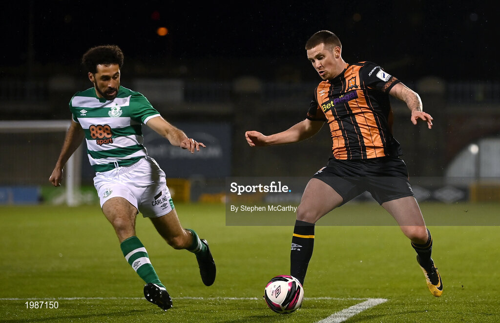 12 March 2021; Patrick McEleney of Dundalk in action against Roberto Lopes of Shamrock Rovers during the FAI President's Cup Final match between Shamrock Rovers and Dundalk at Tallaght Stadium in Dublin. Photo by Stephen McCarthy/Sportsfile