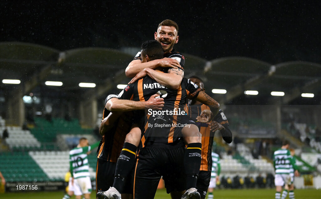 12 March 2021; Andy Boyle celebrates with Dundalk team-mate Sonni Nattestad after scoring their side's goal during the FAI President's Cup Final match between Shamrock Rovers and Dundalk at Tallaght Stadium in Dublin. Photo by Stephen McCarthy/Sportsfile