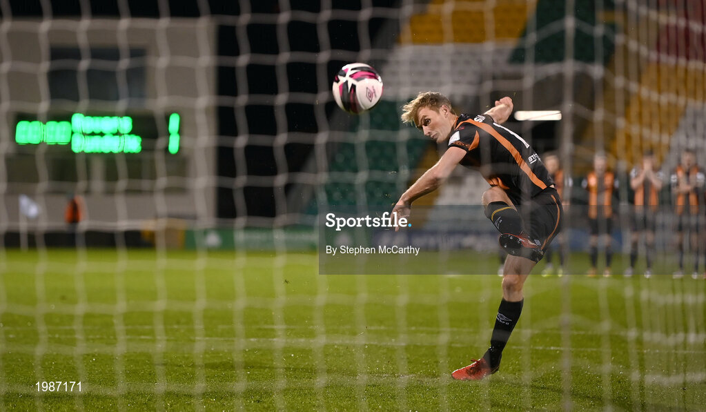 12 March 2021; Greg Sloggett of Dundalk takes a penalty in the shoot-out during the FAI President's Cup Final match between Shamrock Rovers and Dundalk at Tallaght Stadium in Dublin. Photo by Stephen McCarthy/Sportsfile
