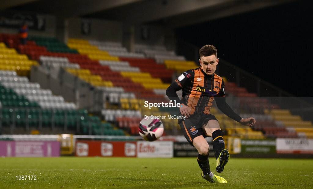 12 March 2021; Darragh Leahy of Dundalk takes a penalty in a shoot-out following the FAI President's Cup Final match between Shamrock Rovers and Dundalk at Tallaght Stadium in Dublin. Photo by Stephen McCarthy/Sportsfile