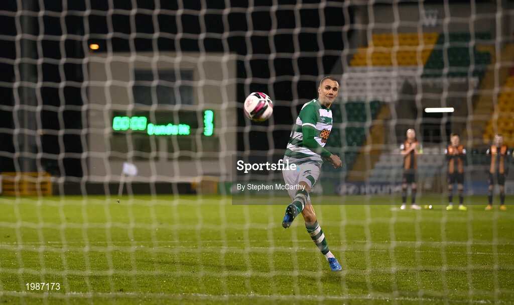 12 March 2021; Graham Burke of Shamrock Rovers takes a penalty in the shoot-out following the FAI President's Cup Final match between Shamrock Rovers and Dundalk at Tallaght Stadium in Dublin. Photo by Stephen McCarthy/Sportsfile
