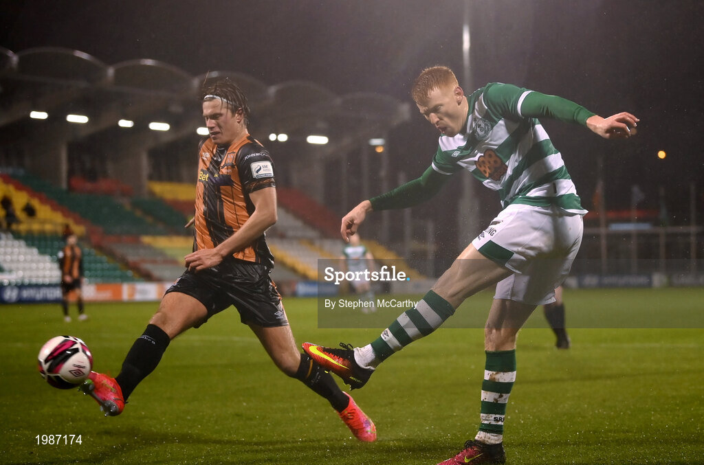12 March 2021; Rory Gaffney of Shamrock Rovers and Daniel Cleary of Dundalk during the FAI President's Cup Final match between Shamrock Rovers and Dundalk at Tallaght Stadium in Dublin. Photo by Stephen McCarthy/Sportsfile