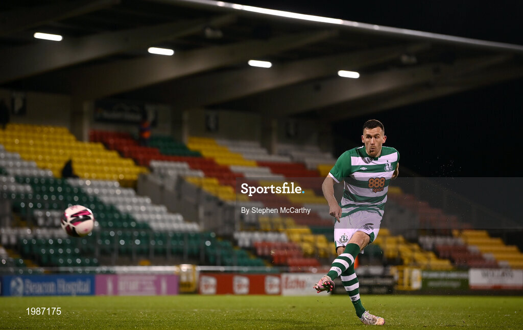 12 March 2021; Aaron Greene of Shamrock Rovers takes a penalty in the shoot-out during the FAI President's Cup Final match between Shamrock Rovers and Dundalk at Tallaght Stadium in Dublin. Photo by Stephen McCarthy/Sportsfile