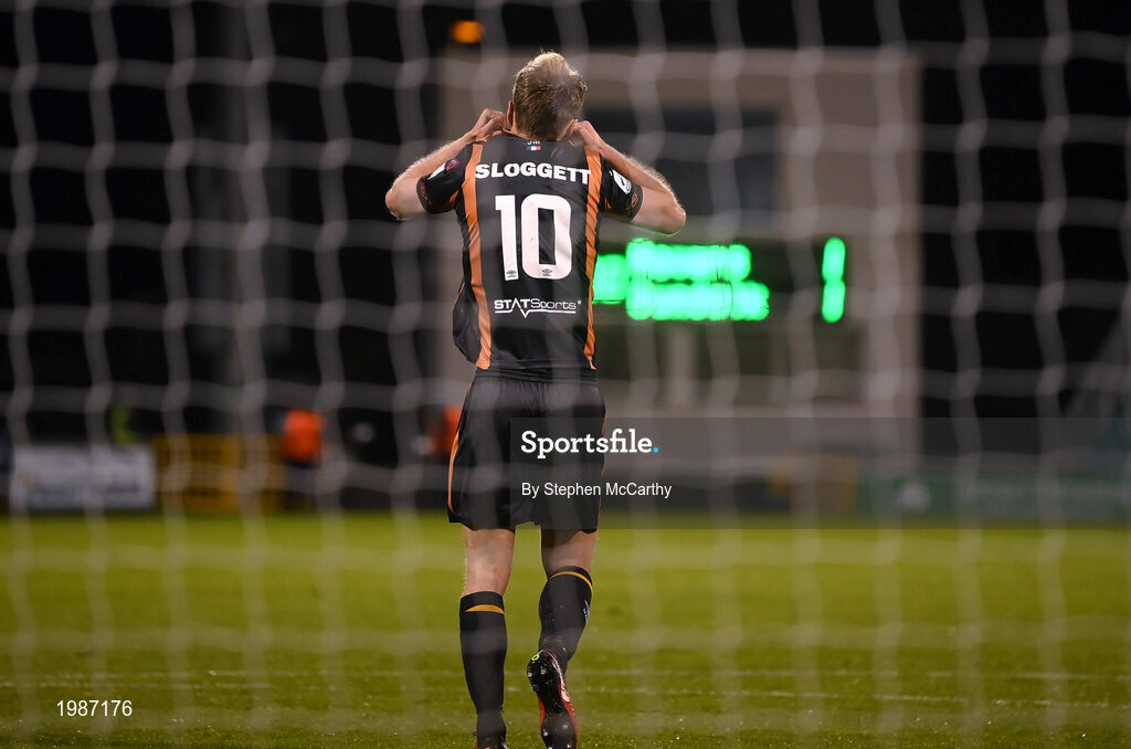 12 March 2021; Greg Sloggett of Dundalk reacts to a missed penalty in the shoot-out during the FAI President's Cup Final match between Shamrock Rovers and Dundalk at Tallaght Stadium in Dublin. Photo by Stephen McCarthy/Sportsfile