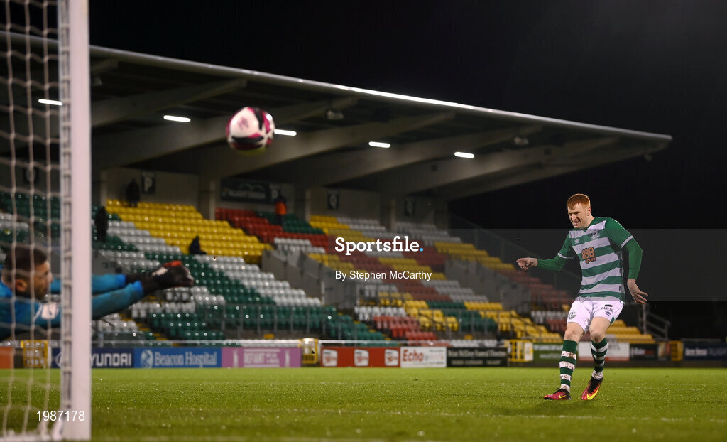 12 March 2021; Rory Gaffney of Shamrock Rovers has his penalty saved by Dundalk goalkeeper Alessio Abibi in the penalty shoot-out following the FAI President's Cup Final match between Shamrock Rovers and Dundalk at Tallaght Stadium in Dublin. Photo by Stephen McCarthy/Sportsfile
