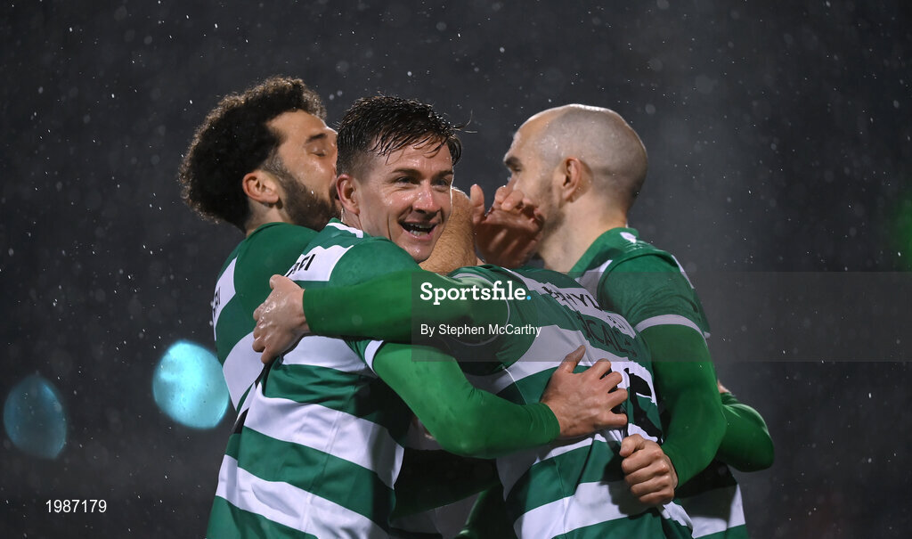 12 March 2021; Liam Scales celebrates with Shamrock Rovers team-mates Roberto Lopes, left, Ronan Finn and Joey O'Brien, right, after scoring their goal during the FAI President's Cup Final match between Shamrock Rovers and Dundalk at Tallaght Stadium in Dublin. Photo by Stephen McCarthy/Sportsfile