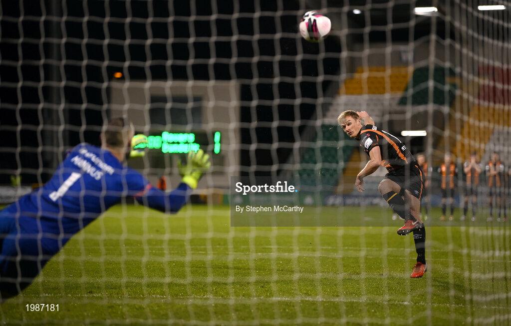 12 March 2021; Greg Sloggett of Dundalk takes a penalty in the shoot-out during the FAI President's Cup Final match between Shamrock Rovers and Dundalk at Tallaght Stadium in Dublin. Photo by Stephen McCarthy/Sportsfile