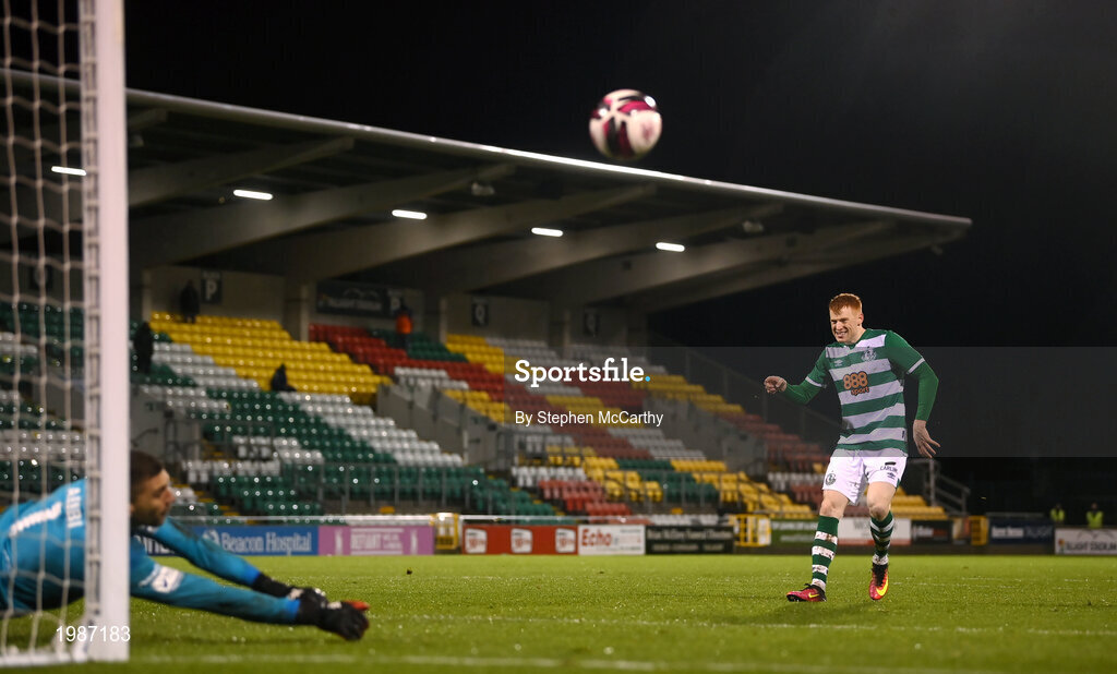 12 March 2021; Rory Gaffney of Shamrock Rovers has his penalty saved by Dundalk goalkeeper Alessio Abibi in the penalty shoot-out following the FAI President's Cup Final match between Shamrock Rovers and Dundalk at Tallaght Stadium in Dublin. Photo by Stephen McCarthy/Sportsfile