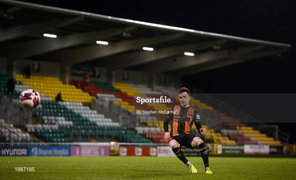 12 March 2021; Darragh Leahy of Dundalk takes a penalty in a shoot-out following the FAI President's Cup Final match between Shamrock Rovers and Dundalk at Tallaght Stadium in Dublin. Photo by Stephen McCarthy/Sportsfile