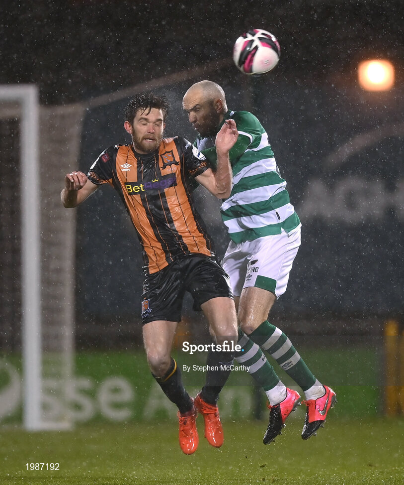 12 March 2021; Sam Stanton of Dundalk in action against Joey O'Brien of Shamrock Rovers during the FAI President's Cup Final match between Shamrock Rovers and Dundalk at Tallaght Stadium in Dublin. Photo by Stephen McCarthy/Sportsfile