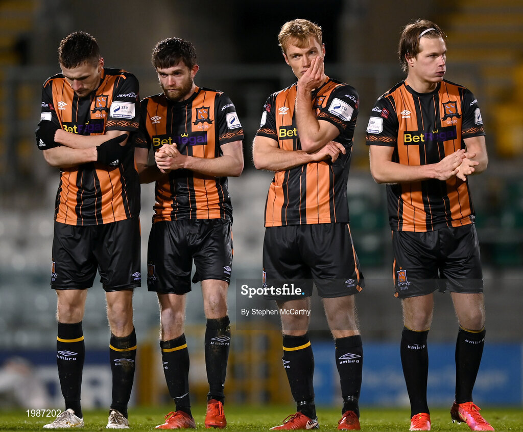 12 March 2021; Dundalk players, from left, Raivis Jurkovskis, Sam Stanton, Greg Sloggett and Daniel Cleary during the penalty shoot-out following the FAI President's Cup Final match between Shamrock Rovers and Dundalk at Tallaght Stadium in Dublin. Photo by Stephen McCarthy/Sportsfile