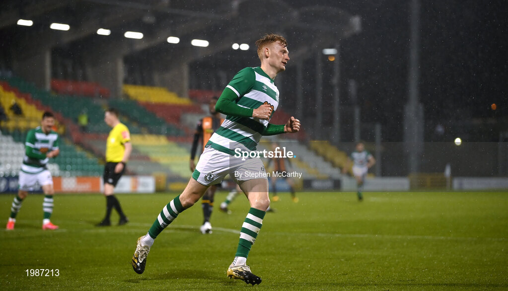 12 March 2021; Liam Scales of Shamrock Rovers celebrates after scoring his side's goal during the FAI President's Cup Final match between Shamrock Rovers and Dundalk at Tallaght Stadium in Dublin. Photo by Stephen McCarthy/Sportsfile