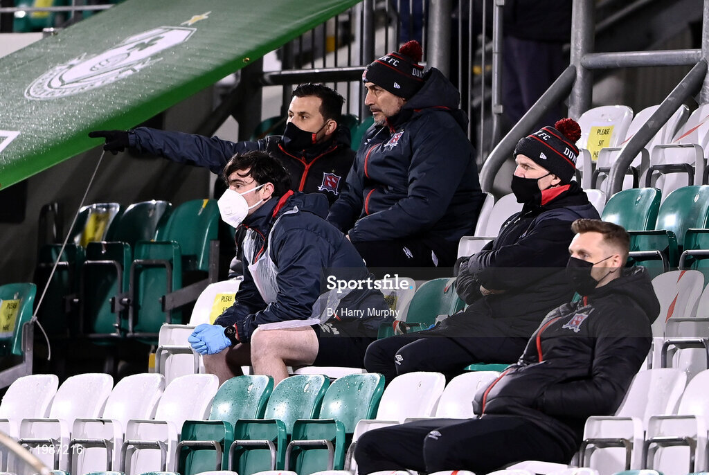12 March 2021; Dundalk coach Filippo Giovagnoli speaks with Dundalk coach Giuseppi Rossi in the stand during the FAI President's Cup Final match between Shamrock Rovers and Dundalk at Tallaght Stadium in Dublin. Photo by Harry Murphy/Sportsfile