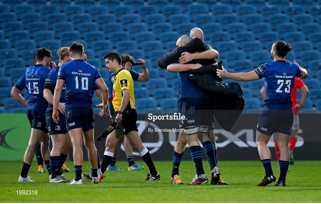 27 March 2021; Devin Toner and Scott Fardy of Leinster celebrate following the Guinness PRO14 Final match between Leinster and Munster at the RDS Arena in Dublin. Photo by Brendan Moran/Sportsfile