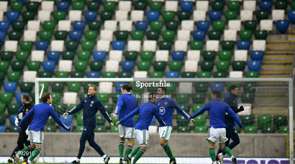 28 March 2021; The Northern Ireland team warm-up prior to the International friendly match between Northern Ireland and USA at National Football Stadium at Windsor Park in Belfast. Photo by David Fitzgerald/Sportsfile