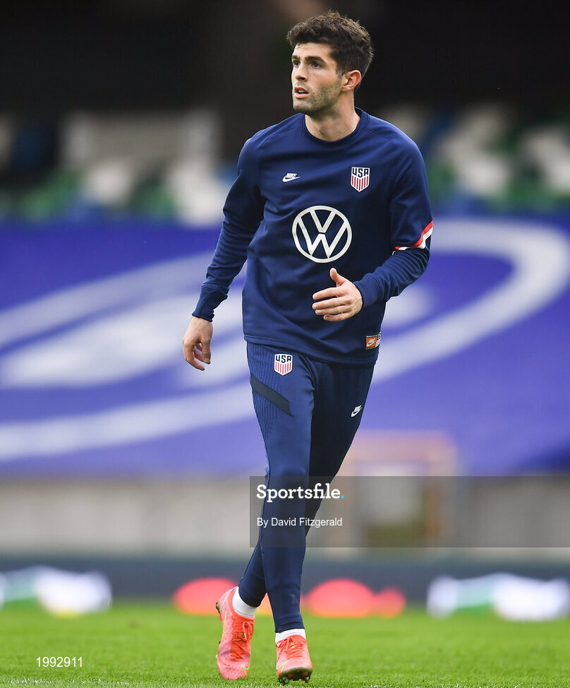 28 March 2021; Christian Pulišic of USA prior to the International friendly match between Northern Ireland and USA at the National Football Stadium at Windsor Park in Belfast. Photo by David Fitzgerald/Sportsfile