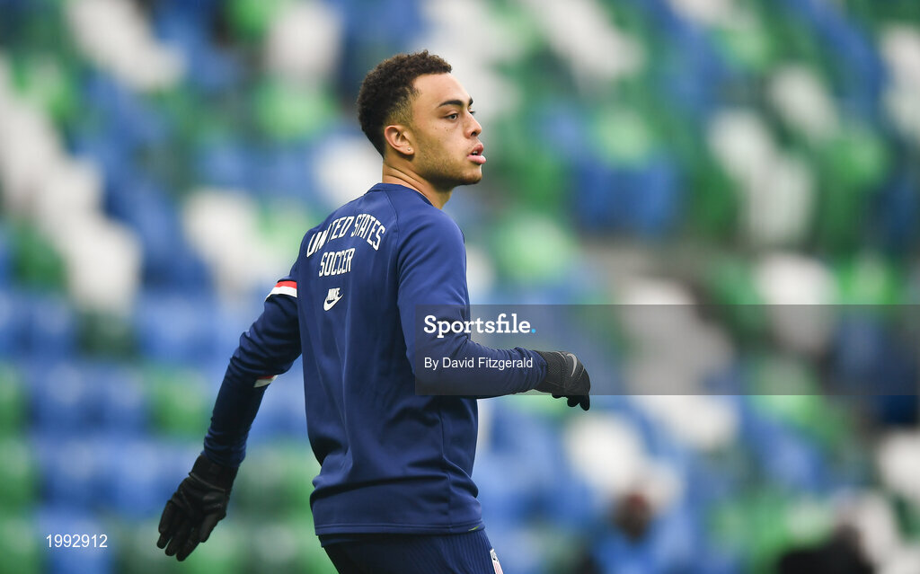 28 March 2021; Sergiño Dest of USA prior to the International friendly match between Northern Ireland and USA at the National Football Stadium at Windsor Park in Belfast. Photo by David Fitzgerald/Sportsfile