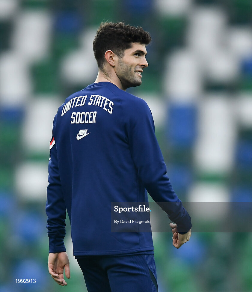 28 March 2021; Christian Pulišic of USA prior to the International friendly match between Northern Ireland and USA at the National Football Stadium at Windsor Park in Belfast. Photo by David Fitzgerald/Sportsfile