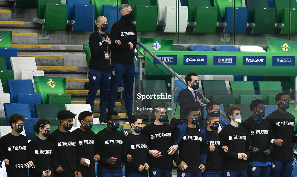 28 March 2021; The USA team stand for the National Anthem, wearing t-shirts reading 'Be The Change', prior to the International friendly match between Northern Ireland and USA at the National Football Stadium at Windsor Park in Belfast. Photo by David Fitzgerald/Sportsfile