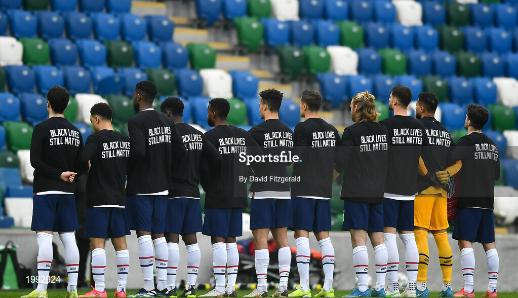 28 March 2021; The USA team stand for the National Anthem, wearing t-shirts supporting the Black Lives Matter movement, prior to the International friendly match between Northern Ireland and USA at the National Football Stadium at Windsor Park in Belfast. Photo by David Fitzgerald/Sportsfile