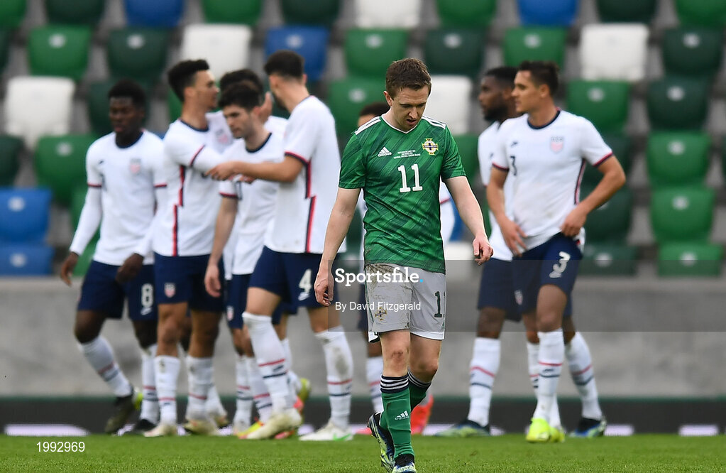28 March 2021; Shane Ferguson of Northern Ireland after his side conceded their first goal, scored by Giovanni Reyna of USA, during the International friendly match between Northern Ireland and USA at the National Football Stadium at Windsor Park in Belfast. Photo by David Fitzgerald/Sportsfile