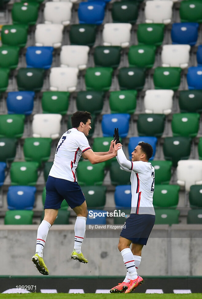 28 March 2021; Giovanni Reyna of USA celebrates with Sergiño Dest, right, after scoring his side's first goal during the International friendly match between Northern Ireland and USA at the National Football Stadium at Windsor Park in Belfast. Photo by David Fitzgerald/Sportsfile