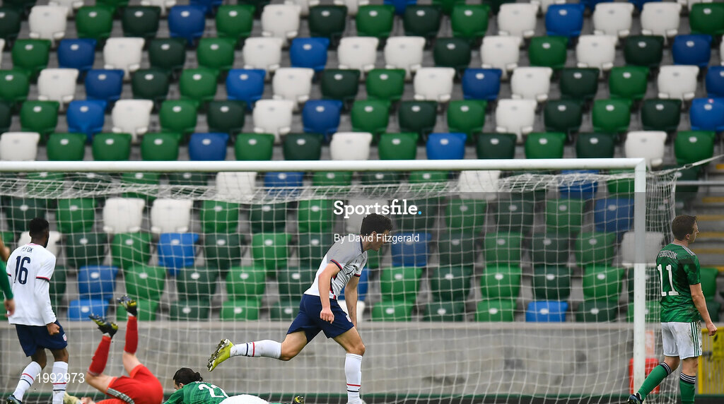 28 March 2021; Giovanni Reyna of USA celebrates after scoring his side's first goal during the International friendly match between Northern Ireland and USA at the National Football Stadium at Windsor Park in Belfast. Photo by David Fitzgerald/Sportsfile