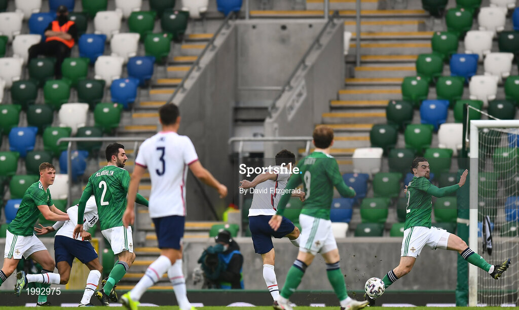 28 March 2021; Giovanni Reyna of USA shoots to score his side's first goal during the International friendly match between Northern Ireland and USA at the National Football Stadium at Windsor Park in Belfast. Photo by David Fitzgerald/Sportsfile