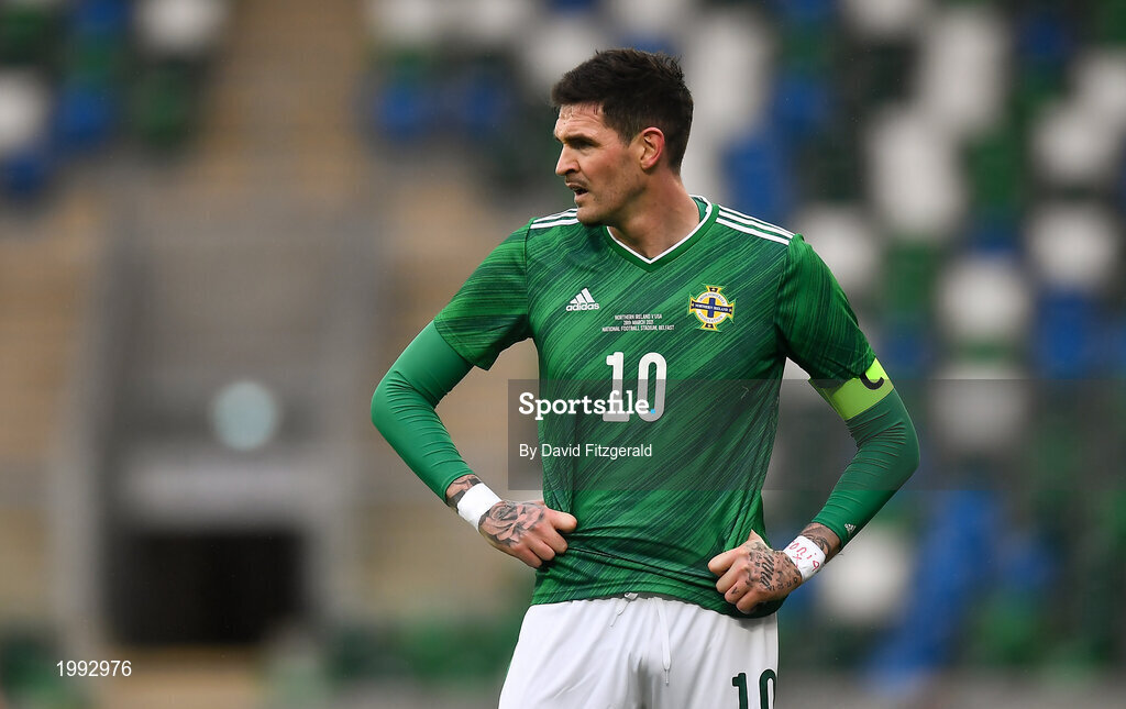28 March 2021; Kyle Lafferty of Northern Ireland during the International friendly match between Northern Ireland and USA at the National Football Stadium at Windsor Park in Belfast. Photo by David Fitzgerald/Sportsfile