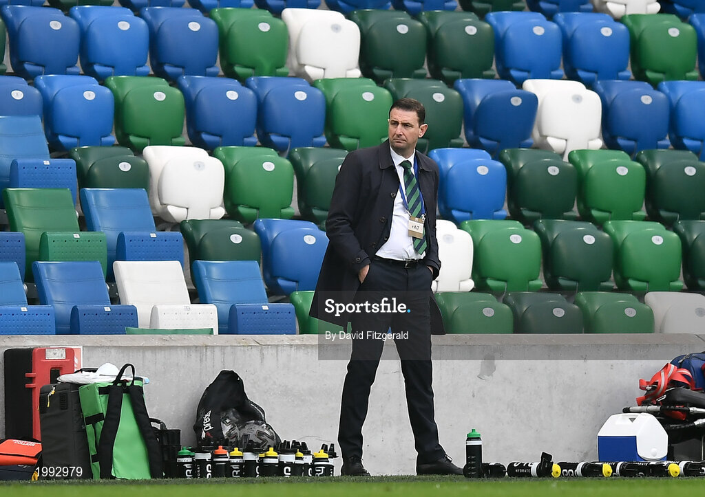 28 March 2021; Northern Ireland manager Ian Baraclough during the International friendly match between Northern Ireland and USA at the National Football Stadium at Windsor Park in Belfast. Photo by David Fitzgerald/Sportsfile
