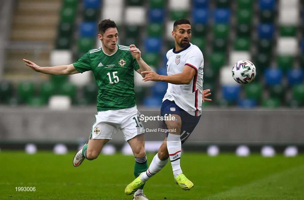 28 March 2021; Sebastian Lletget of USA in action against Jordan Thompson of Northern Ireland during the International friendly match between Northern Ireland and USA at the National Football Stadium at Windsor Park in Belfast. Photo by David Fitzgerald/Sportsfile